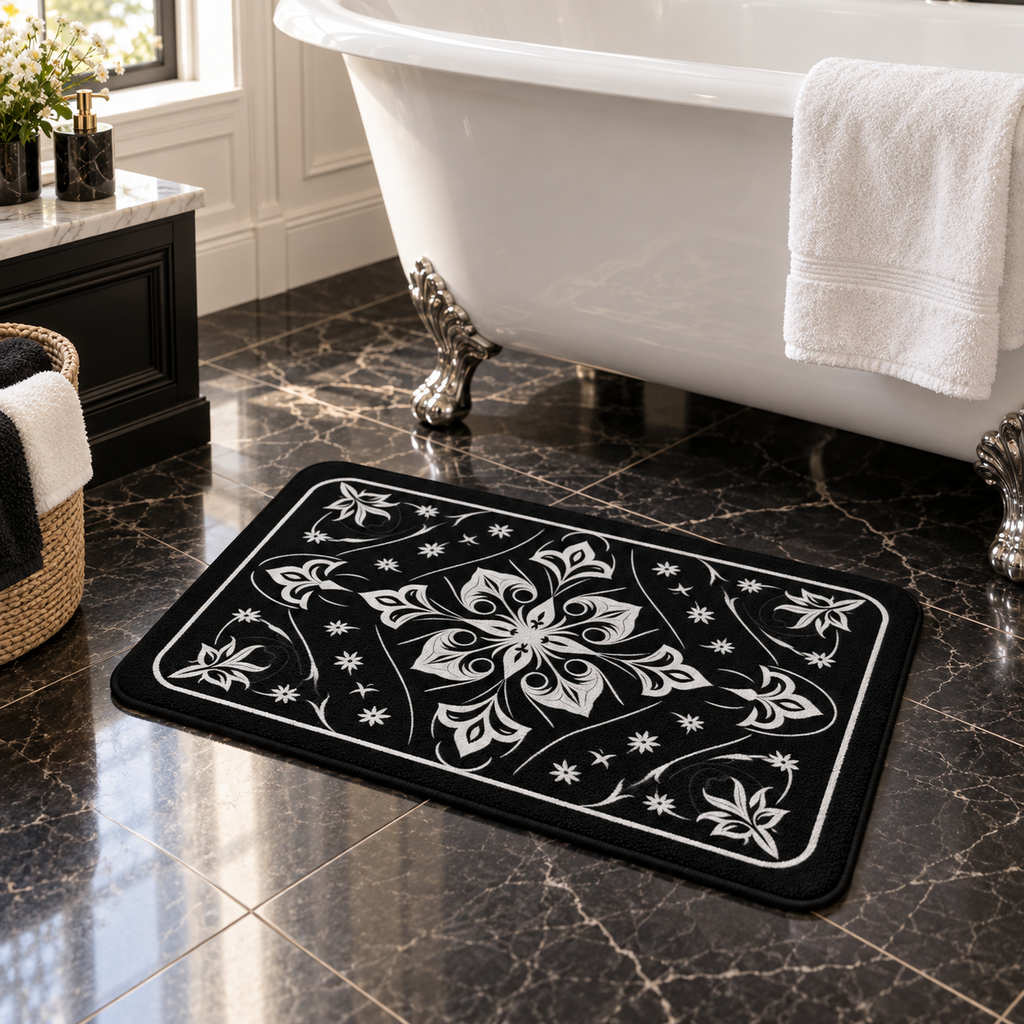 Tapis Salle De Bain Baroque – Fleur Baroque / 40cmx60cm, Fleur Baroque / 50cmx80cm dans une salle de bain lumineuse