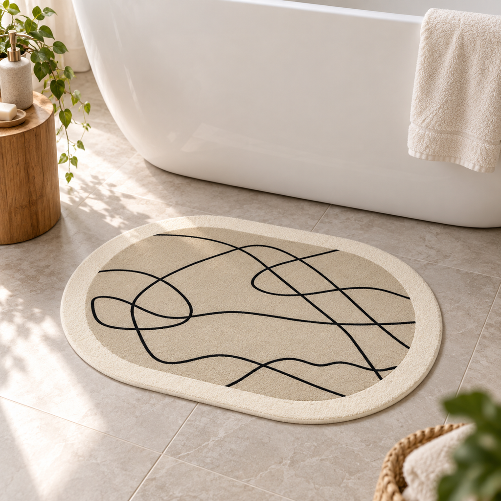 Tapis Salle De Bain Contemporain – Trait Ondulé / 40cmx60cm, Trait Ondulé / 50cmx80cm, Trait Ondulé / 60cmx90cm près d’une…