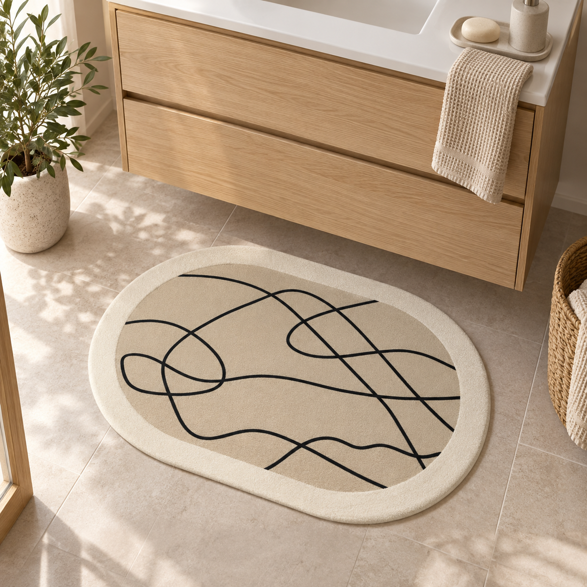 Tapis Salle De Bain Contemporain – Trait Ondulé / 40cmx60cm, Trait Ondulé / 50cmx80cm, Trait Ondulé / 60cmx90cm dans une s…