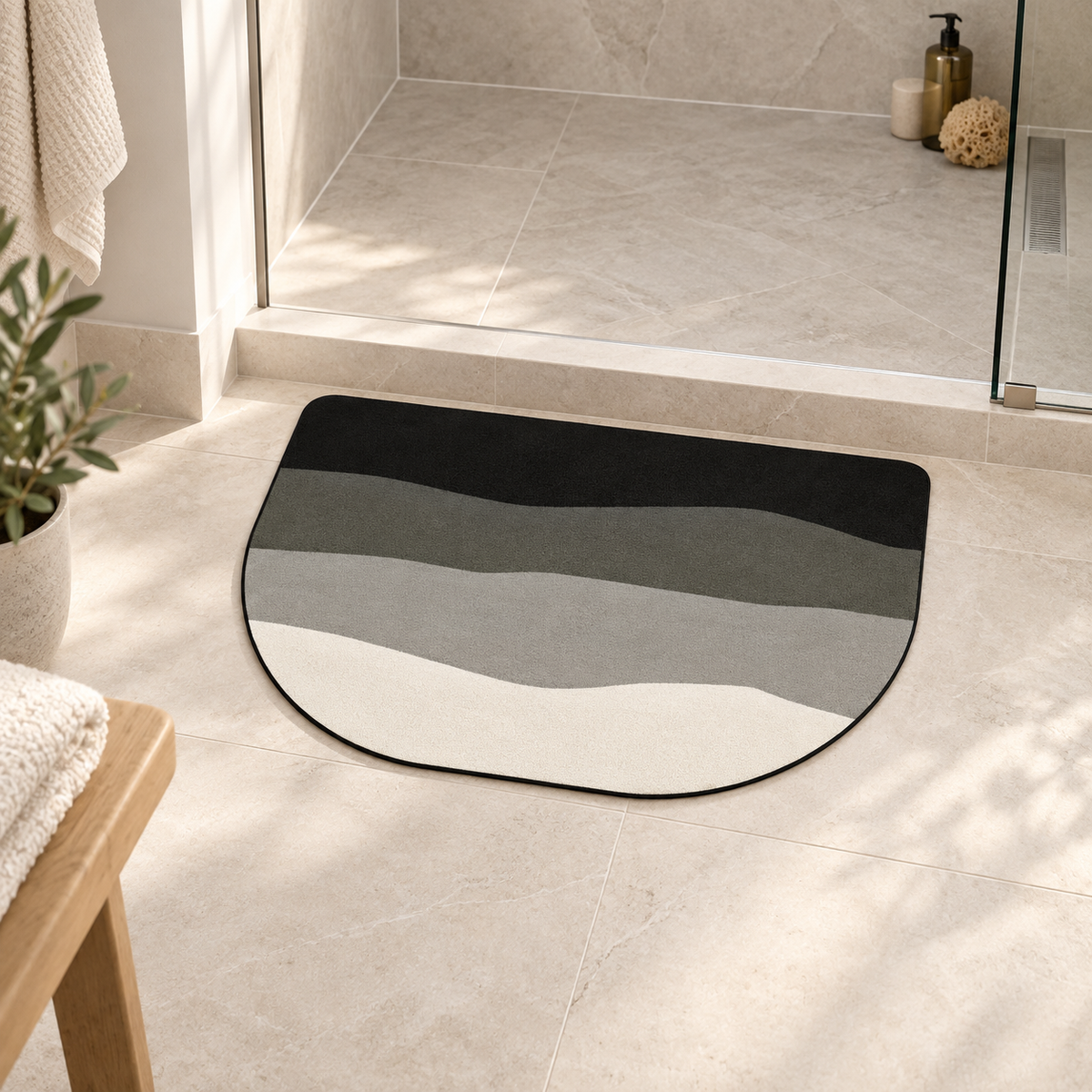Tapis Salle De Bain Original – Onde Grise / 40x60cm, Onde Grise / 50x80cm près d’une baignoire